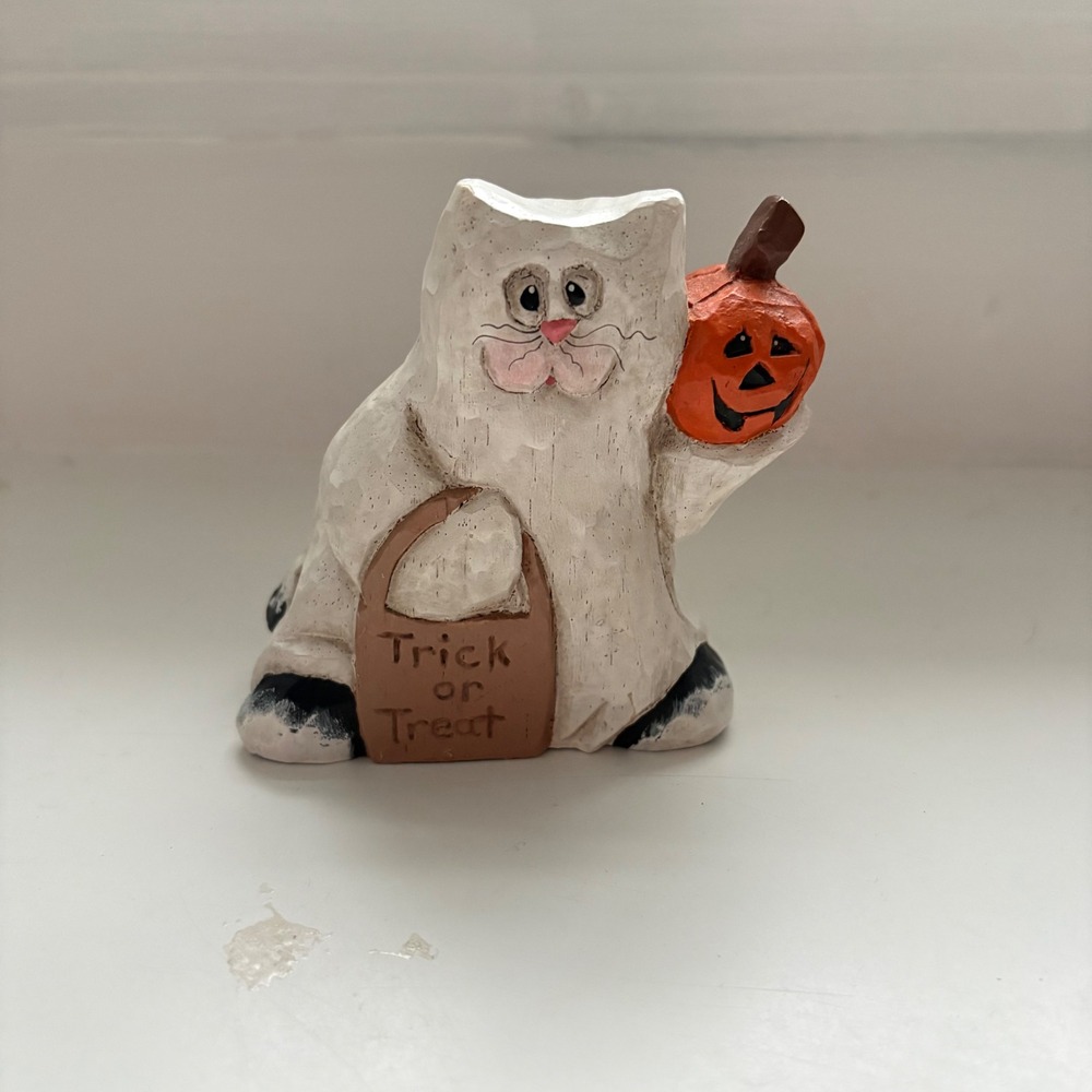 Halloween White Cat Figurine Holding Pumpkin Trick or Treat Bag Folk Art Holiday